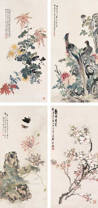 陈康侯等 花鸟 四屏